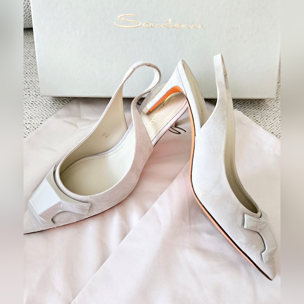 SANTONI SIZE 37 Made In Italy🌍 3"/8cm Heels Women's Silver Slingback Shoes - Picture 11 of 13